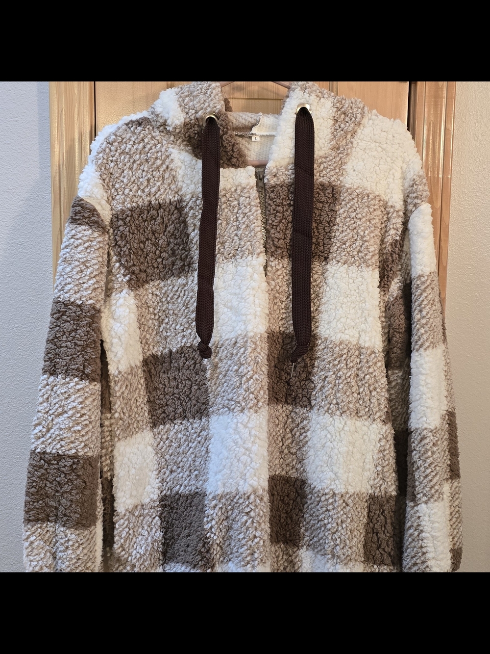 HOODIE Large Cream/Brown Soft Plaid Women's Zip/Ties